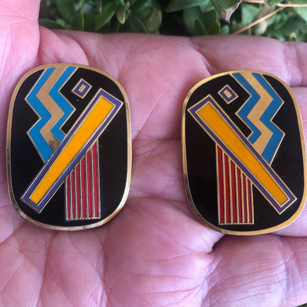 Vintage Laurel Burch Izu Geometric Colorful Statement clip on Earrings